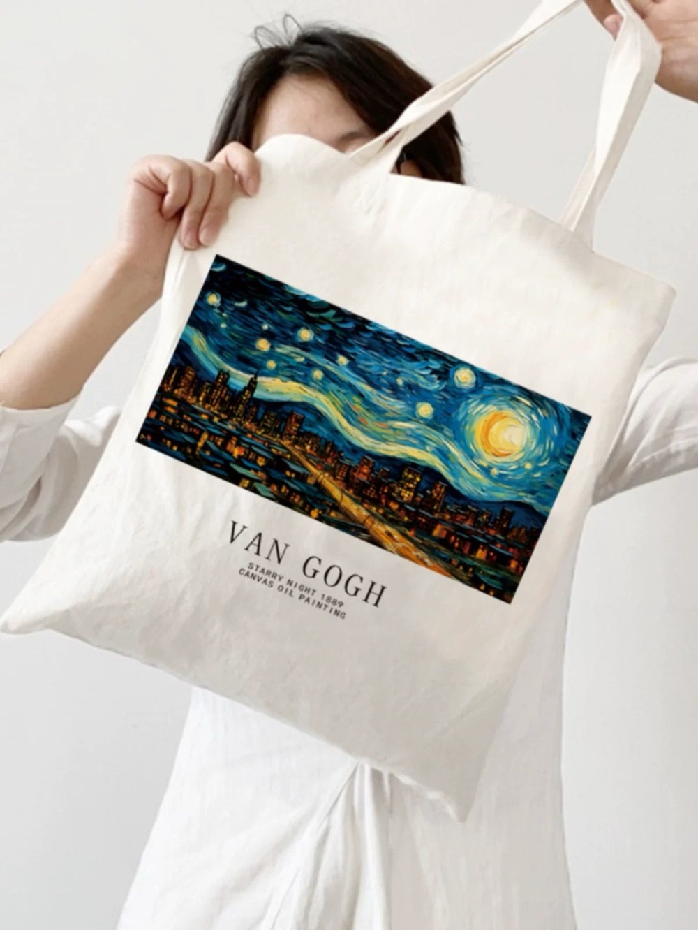 Van Gogh Starry Night Canvas Tote Bag with Zipper Cotton Shopper